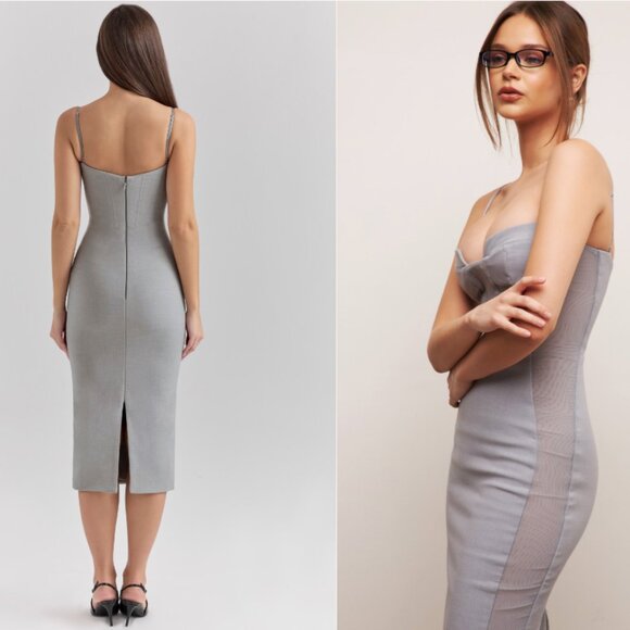 HOUSE OF CB 'Kiki' Light Grey Mesh Panelled Bodycon Midi Dress NWOT - Picture 2 of 3